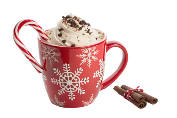 Festive hot chocolate in a red snowflake mug with whipped cream, candy cane, and cinnamon sticks, isolated on a white background.