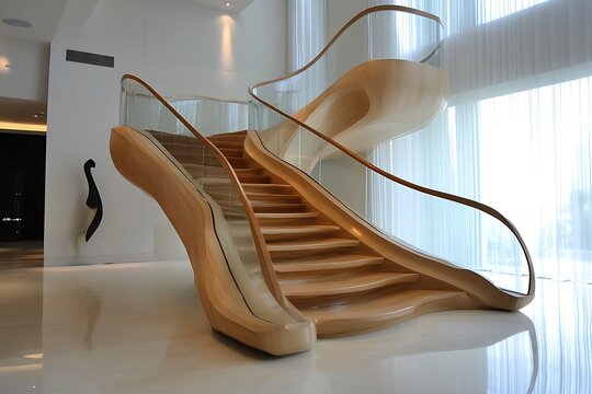 Imposing staircase structure featuring double frosted glass rails and cantilevered wooden steps