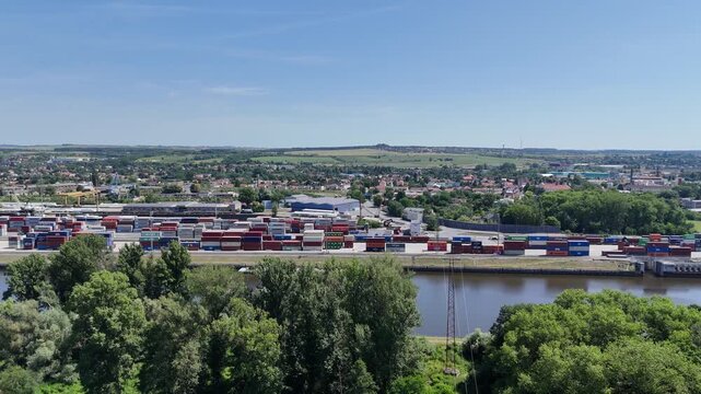 Melnik, Czech Republic - June 22, 2025 - Aerial view of container transshipment yard at the beginning of summer