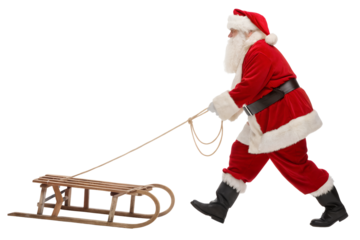 Santa Claus in a traditional red suit walking and pulling an empty wooden sled, isolated on a white background.
