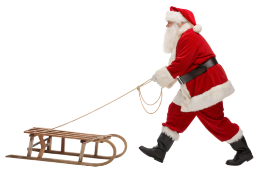 Santa Claus in a traditional red suit walking and pulling an empty wooden sled, isolated on a white background. - Powered by Adobe