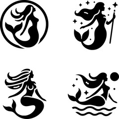 set of four minimalist black and white flat vector of mermaid