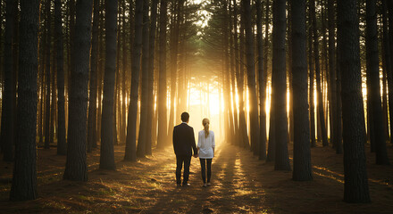 Fototapeta premium A couple in love holds hands on a forest path, looking towards a bright, hopeful light at the end of their journey.