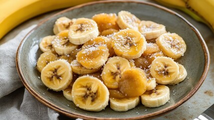 Fresh Sliced Bananas with Caramel Sauce and Coconut Flakes