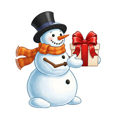 Smiling Snowman Holding Gift Box with Red Bow Orange Scarf Christmas Art Isolated Transparent PNG Image  