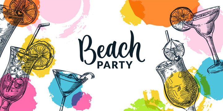 Beach cocktail party banner, flyer design. Summer tropical cocktails vector sketch illustration on watercolor background