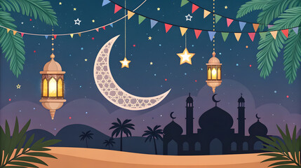 Fototapeta premium Ramadan night scene with crescent moon mosque and lanterns