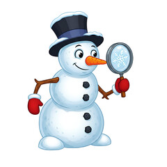 Smiling Snowman Holding Magnifying Glass Snowflake Winter Christmas Art Isolated Transparent PNG Image  
