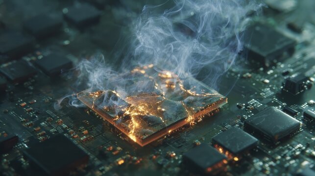 Close up of a damaged computer chip with cracks and smoke against a digital backdrop