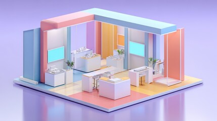 Isometric 3d demonstration booth stands for exhibition isolated set, no logos, no brands