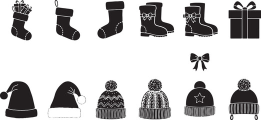 Black Christmas Icons Collection Santa Hats Stockings Boots Bow, christmas, stocking, gifts, present, santa hat, winter hat, beanie, pom hat, boots, winter boots, bow, ribbon, holiday, celebration, fe