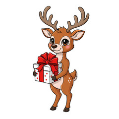 Christmas Cute Reindeer Holding Gift Box Red Ribbon Bow Holiday Festive Art Isolated Transparent PNG Image  