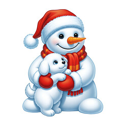 Adorable Snowman Hugging Cute Puppy Christmas Winter Holiday Art Isolated Transparent PNG Image  