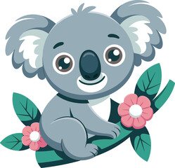 Cute cartoon koala vector illustration, adorable animal on branch with flowers for kids and nature art
