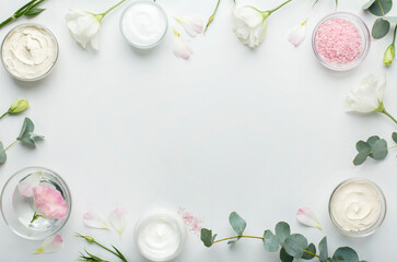 Eco frame of natural spa products on white background, copy space