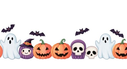 Adorable Halloween Characters Border with Bats and Pumpkins