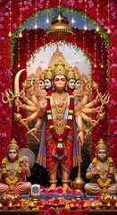 Hanuman panchmukhi hindu god statue with red roses and lights spiritual religious art india