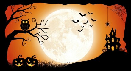 Spooky Halloween Night with Full Moon and Haunted House