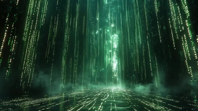 Green digital rain animation backdrop, futuristic data stream simulation effect, computer code