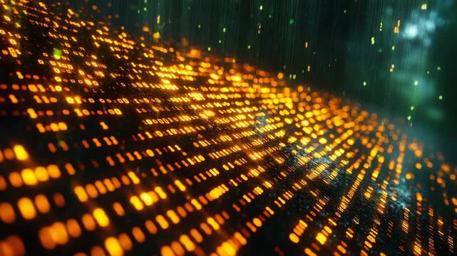 Futuristic Digital Rain Data Stream with Binary Code and Golden Light Effects