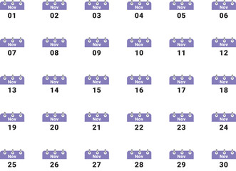 Grid of 31 days of November, calendar pages showing days of the month