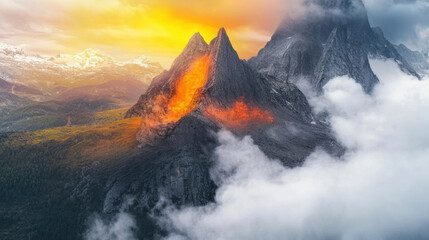 Fototapeta premium Dramatic view of jagged alpine cliffs illuminated by vibrant orange light under glowing dusk sky, surrounded by misty clouds and lush green forest below