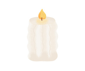 Minimalist illustration of a thick white pillar candle with dripping wax and burning flame on clean background.