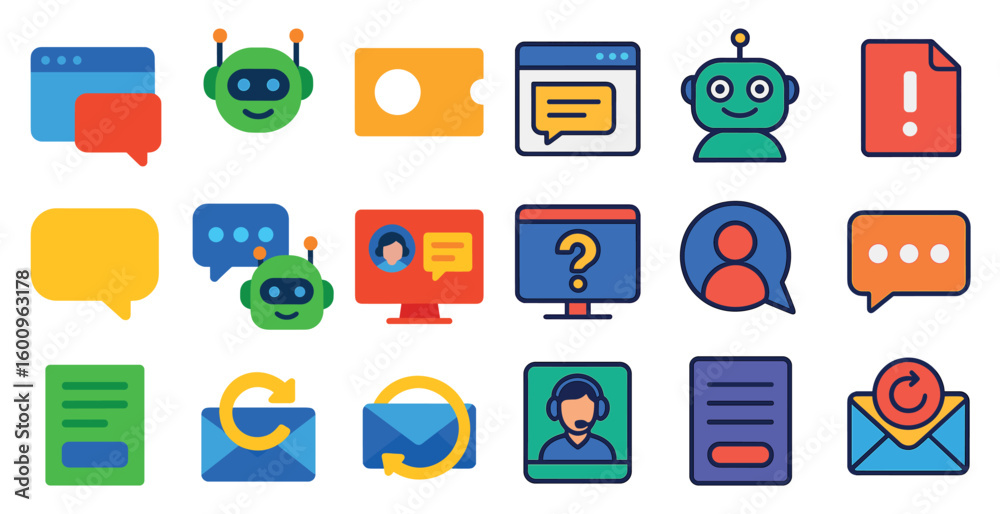 Poster collection of icons for various communication and messaging apps. the icons include a robot, a perso