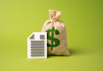 Dollar money bag and financial report. Analyzing profits and losses. Corporate finance, strategic...
