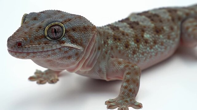 Detailed Close Up of Bibron's Gecko Pachydactylus Bibronii with Mottled Brown and Blue Grey Skin Isolated on White Background in Studio Lighting