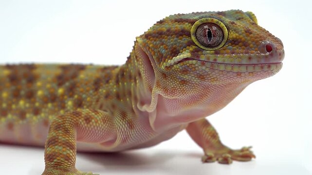Detailed Close Up of an Orange Spotted Tokay Gecko Gekko Gecko on White Background Showing Skin Texture and Pattern