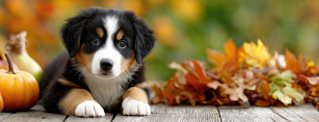 Obraz premium A playful Bernese Mountain puppy lounges on wooden flooring, surrounded by autumn apples and a small pumpkin among vibrant fall leaves