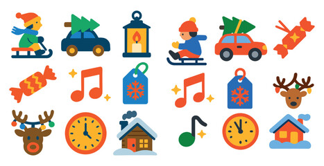 Collection of Christmas icons including a car, a house, a clock, a tree, a reindeer, and a snowman