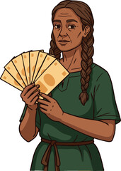 Obraz premium Woman holding fan of money in green dress with braided hair vector illustration