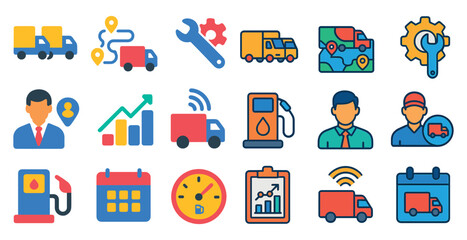 Collection of icons for a transportation app. The icons include a man in a suit, a truck, a calendar, a clock, a gas pump, and a man with a toolbox