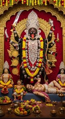 Obraz premium Kali maa hindu goddess statue with skulls and weapons, hinduism deity worship and offerings