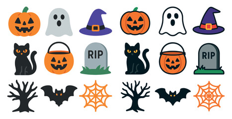 Halloween themed icons including a pumpkin, a cat, a ghost, a bat, a spider web, a cat, a pumpkin, a ghost, a cat, a pumpkin, a cat, a pumpkin, a cat, a pumpkin, a cat,