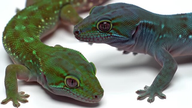 Detailed Close-Up of Two Gold Dust Day Geckos Phelsuma Laticauda in Green and Blue on White Backdrop