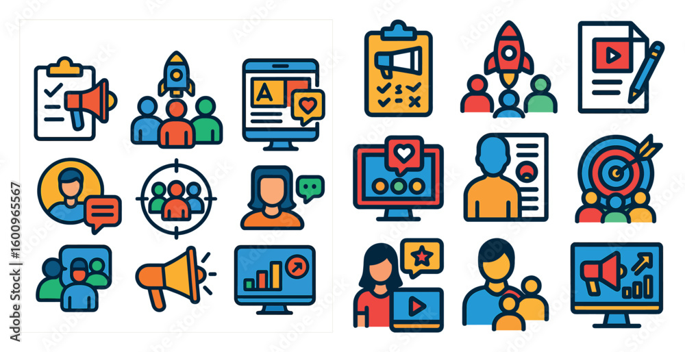Poster set of icons for a computer screen. the icons include a person with a megaphone, a person with a hea