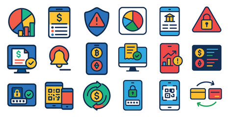 Collection of icons for various electronic devices and financial transactions. The icons include a bell, a key, a check, a credit card, a phone, a computer, and a tablet. Scene is one of technology