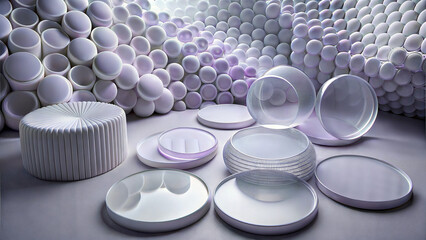 Abstract arrangement of spheres and circular platforms in a minimalist setting with soft lighting