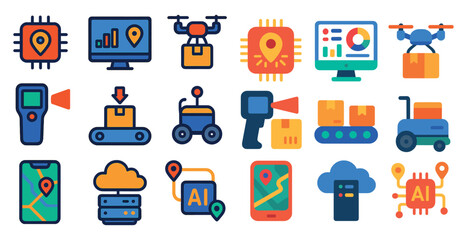 Collection of icons for various technology devices and tools. The icons include a computer monitor, a keyboard, a mouse, a cell phone, a tablet, a laptop, a drone, a robot, a box, a forklift