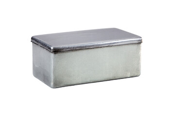 a metal box with a lid on a white background