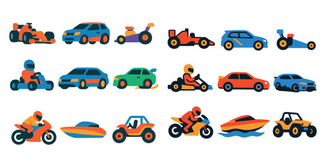 Collection of vehicles including cars, motorcycles, and boats. The vehicles are all different colors and sizes, and some of them have people on them. Scene is fun and playful