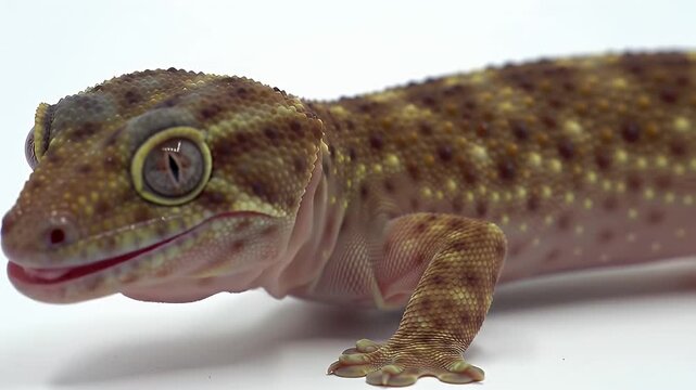 Detailed Macro of Bibron's Thick Toed Gecko Chondrodactylus Bibronii on White Background Showing Spotted Brown and Yellow Skin Scales and Eye Detail