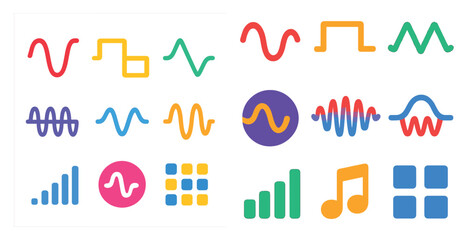 Collection of colorful shapes and lines that are used to represent different types of music. The shapes are arranged in a way that suggests a wave or a sound. Scene is energetic and dynamic