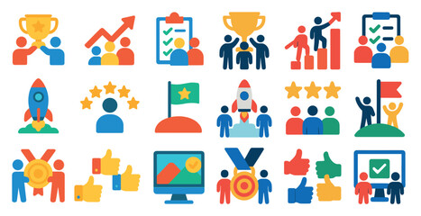 Collection of icons that represent success and achievement. The icons include a rocket, a flag, a star, and a thumbs up. Scene is one of positivity and motivation