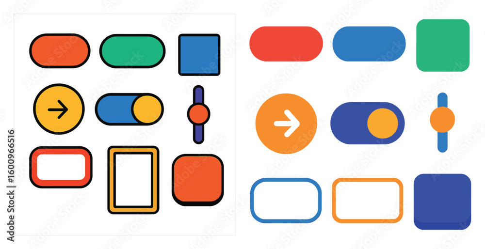 Poster the two images show a variety of buttons and shapes in different colors. the first image has a more 