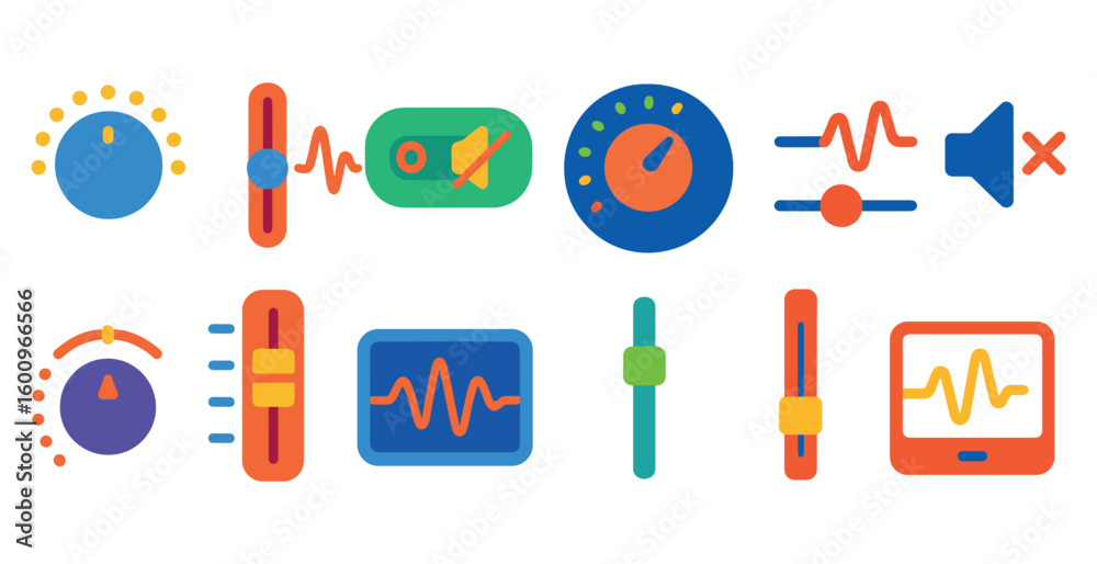 Poster set of icons for a music player. the icons include a volume control, a mute button, and a play butto