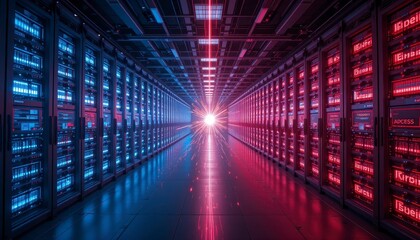 Fototapeta premium A futuristic data center corridor illuminated with blue and red lights, featuring rows of server racks converging toward a bright central light.